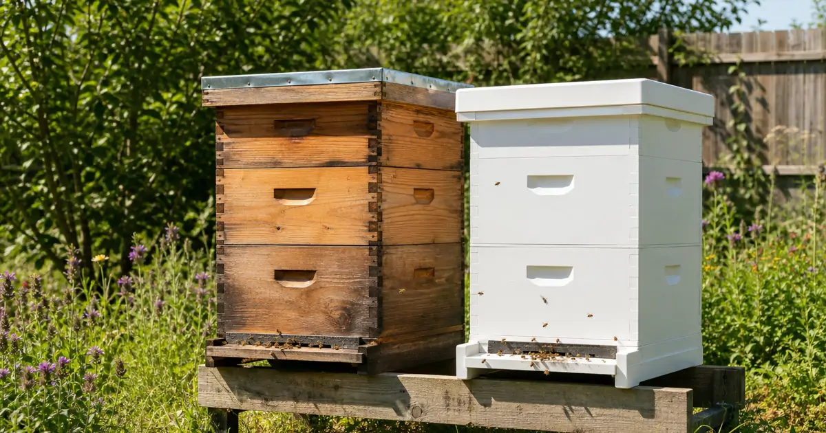 A wooden beehive box and a white plastic beehive box sitting side by side in a backyard apiary