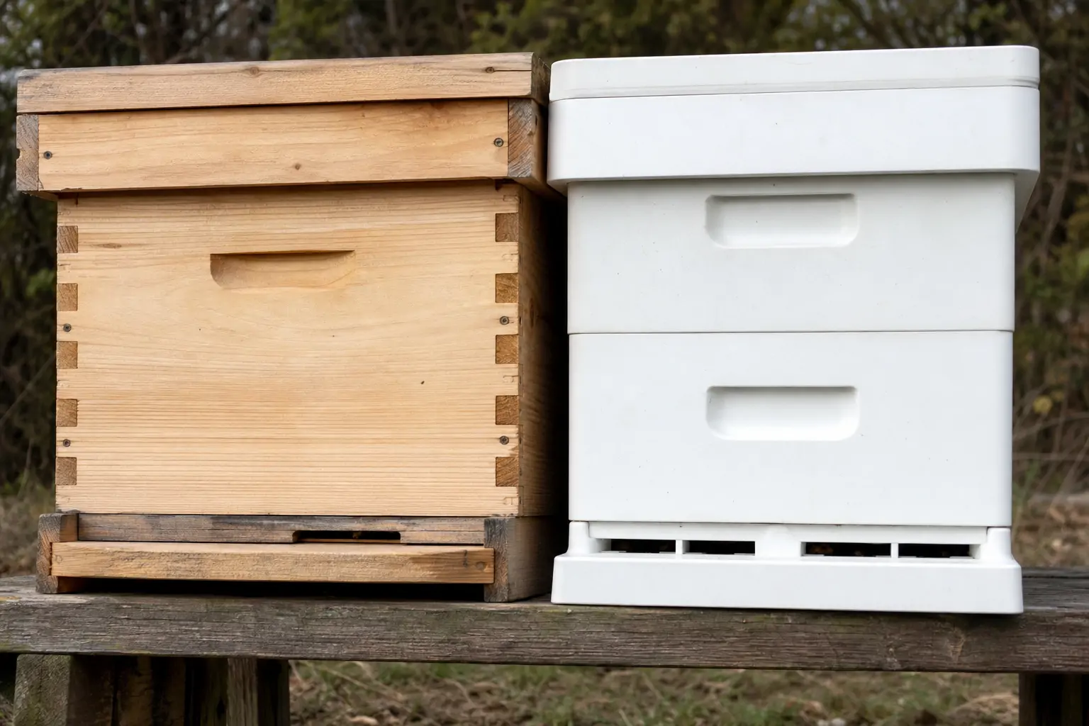 Close comparison of a wooden hive box and a plastic hive box showing material texture differences