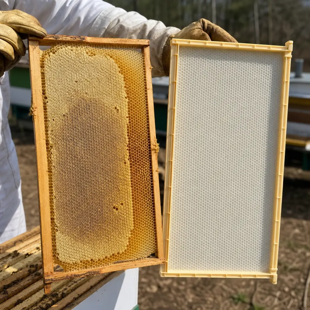 Beekeeper holding a wooden frame with drawn comb next to a plastic foundation frame for comparison