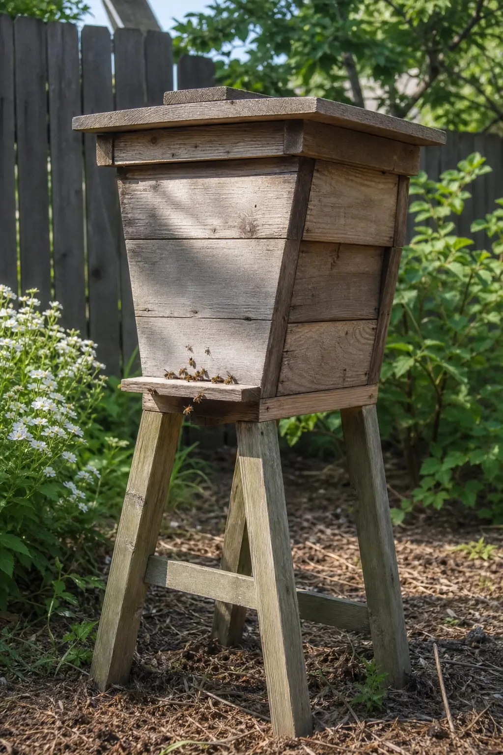 Rustic wooden top bar hive standing in a garden showing traditional wood construction
