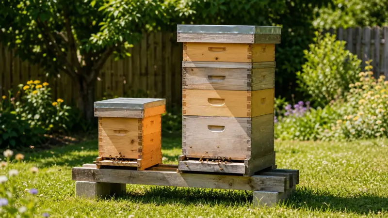 A small nucleus hive box sits beside a taller full-size beehive in a backyard apiary