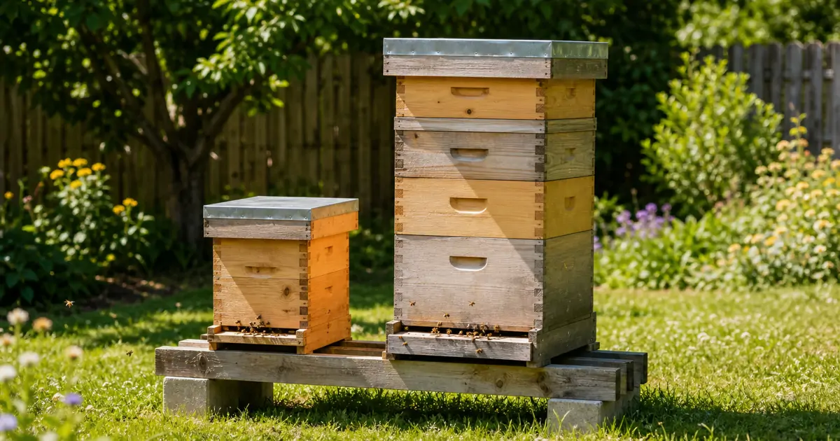 A small nucleus hive box sits beside a taller full-size beehive in a backyard apiary