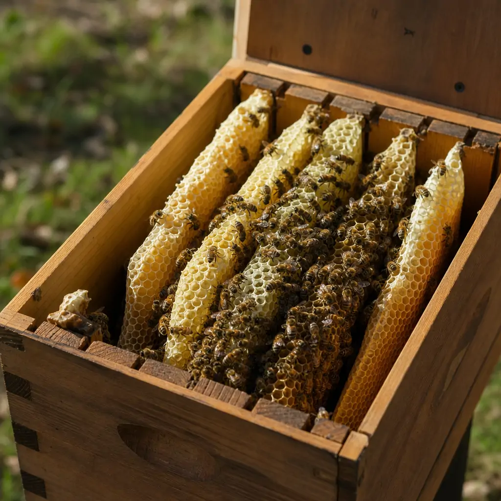 Open nucleus hive box showing a handful of drawn comb frames with bees and brood