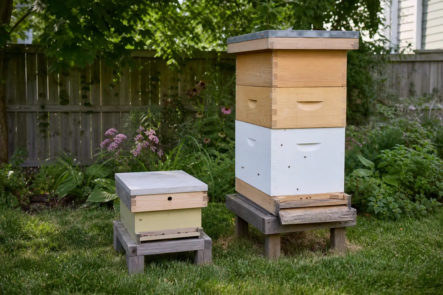 Backyard apiary showing a compact nuc box positioned near a tall stacked full-size beehive