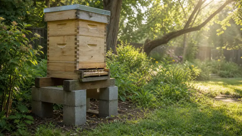 A wooden beehive resting on a sturdy elevated stand in a sunny backyard garden setting