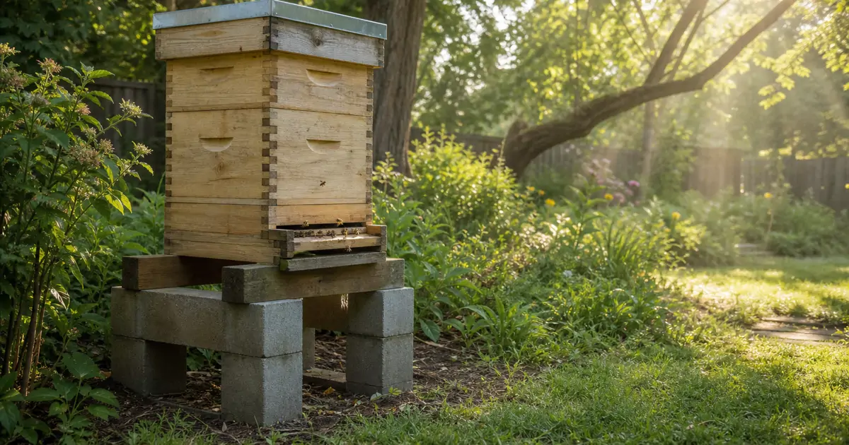 A wooden beehive resting on a sturdy elevated stand in a sunny backyard garden setting
