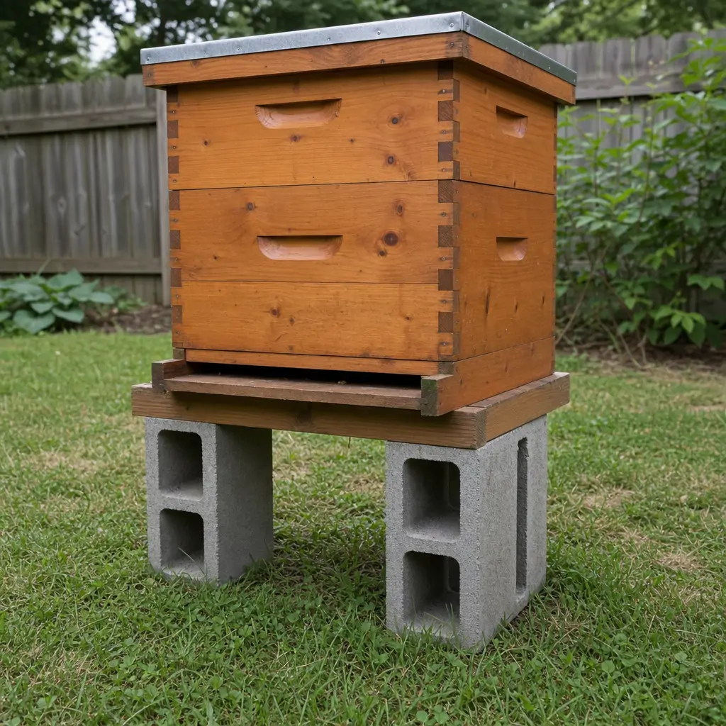 A beehive stand raised well above the ground on cinder blocks to deter skunks and moisture