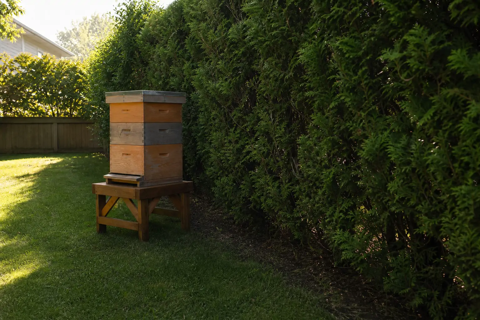 A beehive positioned with its entrance facing a tall hedge to redirect the bee flight path upward