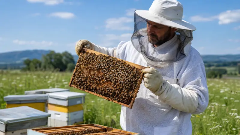 Beekeeper inspecting a frame of honeycomb for signs of pests and disease