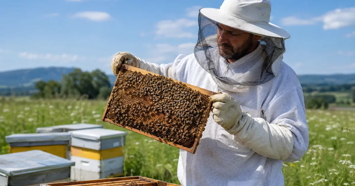 Beekeeper inspecting a frame of honeycomb for signs of pests and disease