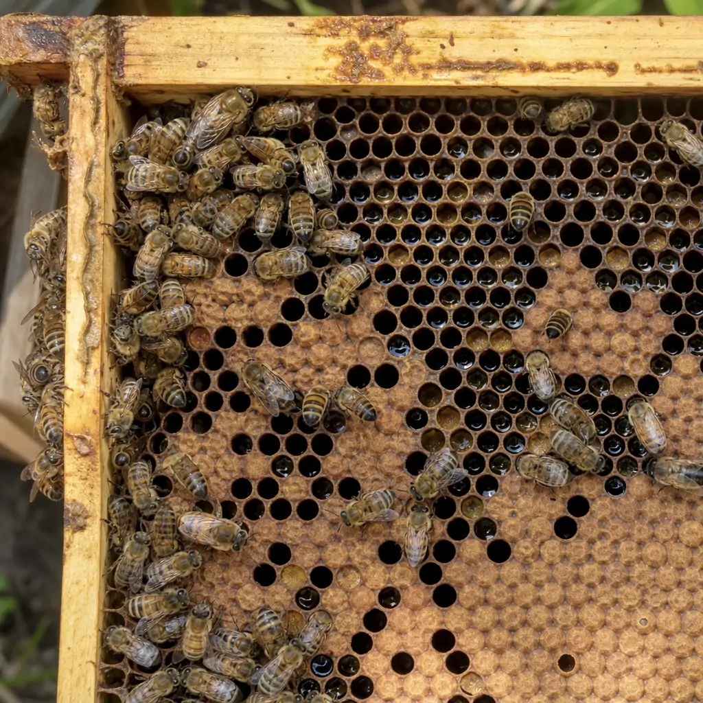 Close-up of a honeycomb frame showing varied signs of pest activity and irregular brood