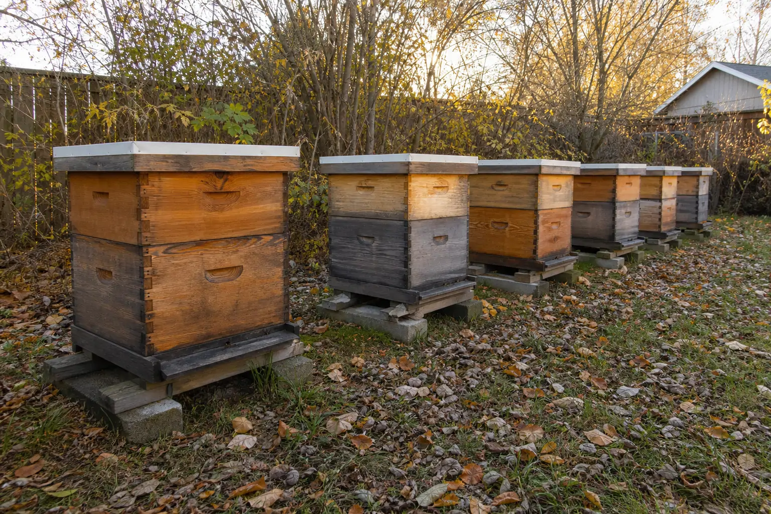 Rows of beehive boxes in a backyard apiary during late autumn preparation