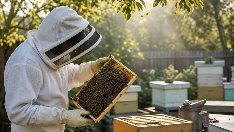 Beekeeper inspecting a honey bee frame closely for varroa mites during a hive check
