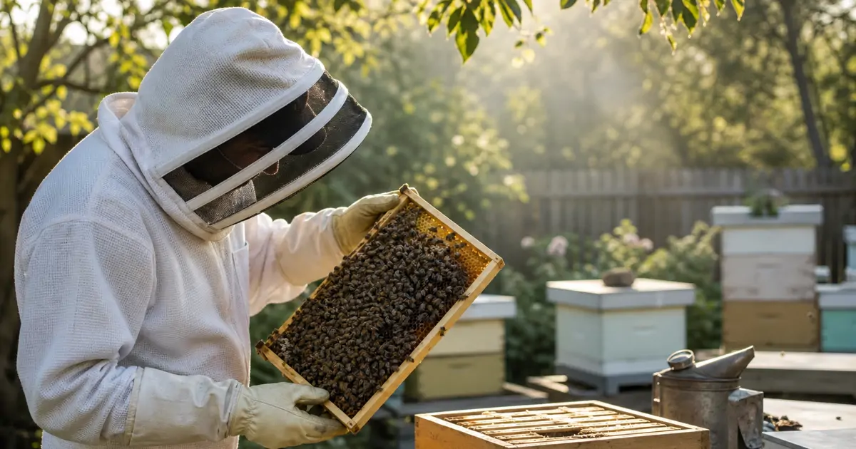 Beekeeper inspecting a honey bee frame closely for varroa mites during a hive check