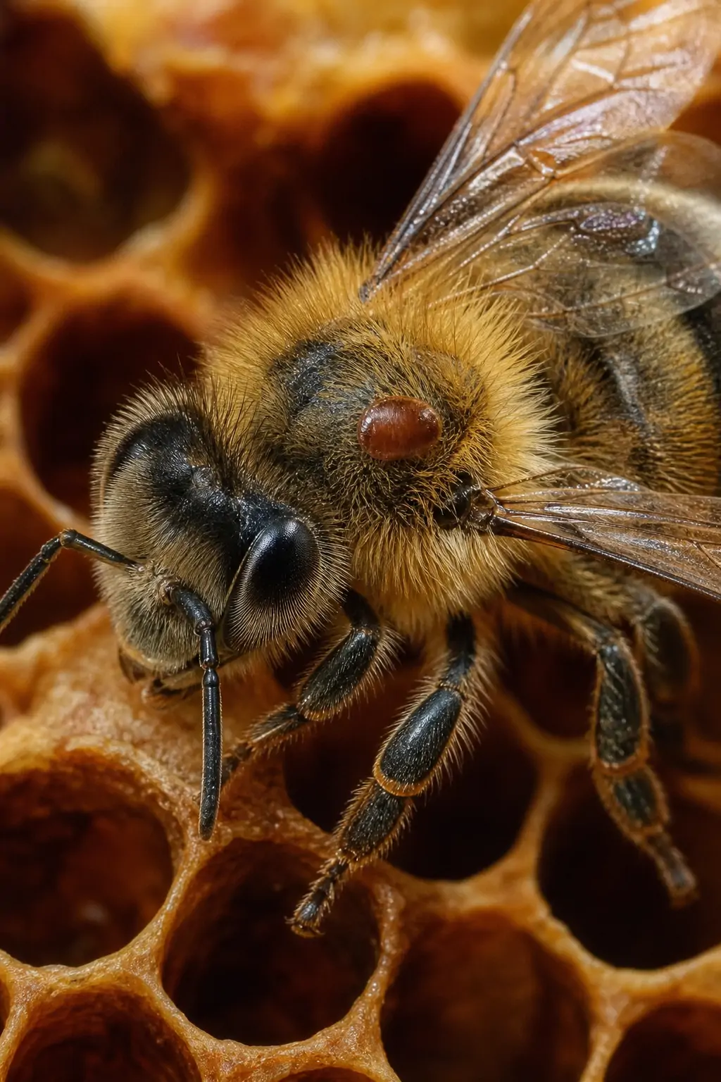 Close-up of a honey bee with a visible reddish-brown varroa mite attached to its back
