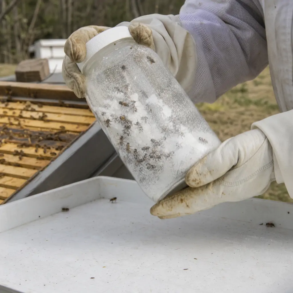 Beekeeper performing a sugar roll mite count test using a jar and powdered sugar over a hive frame