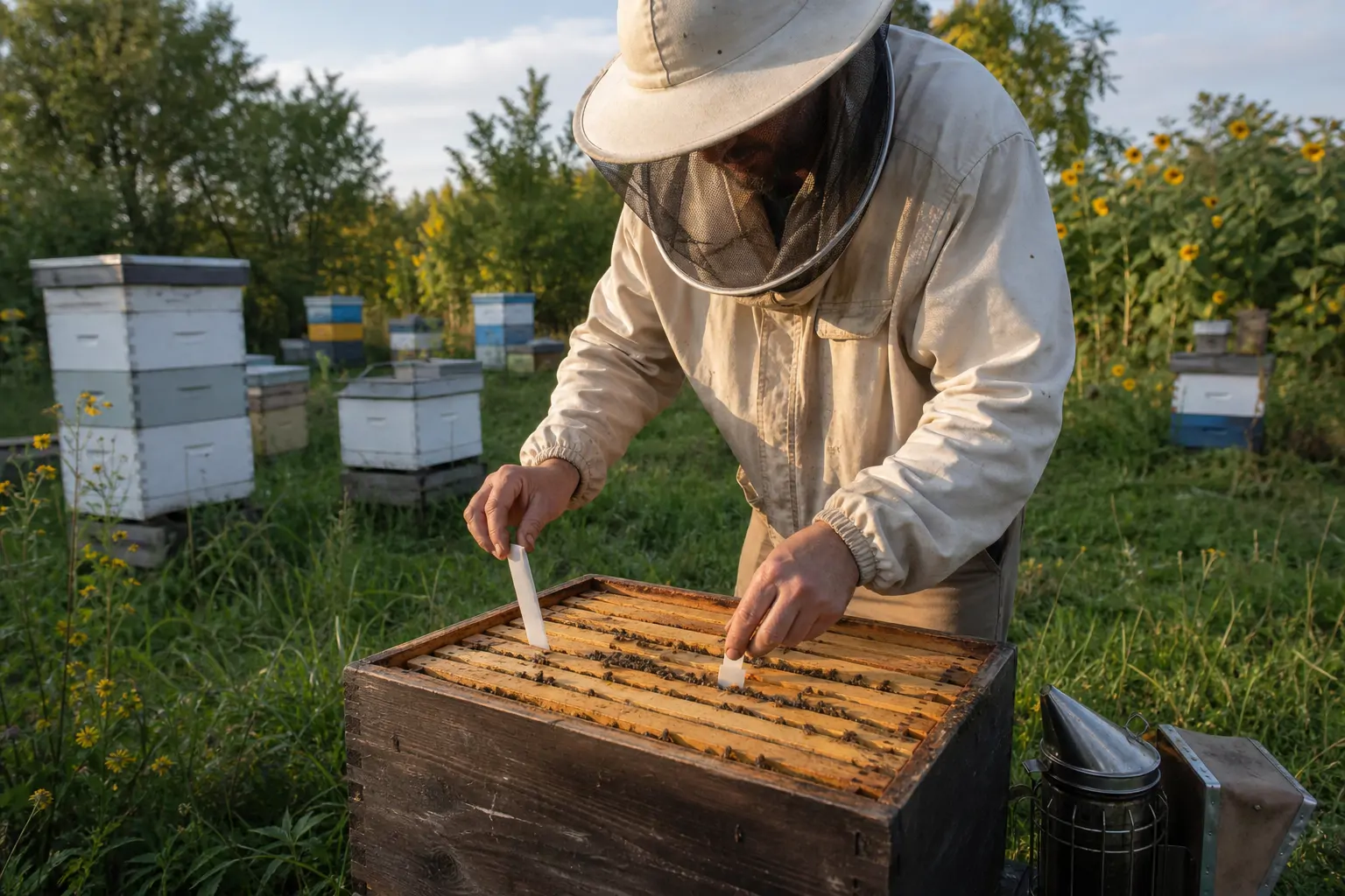 Backyard apiary in late summer with a beekeeper applying treatment strips inside an open hive box