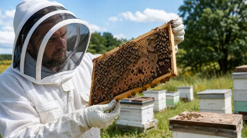 Beekeeper inspecting a brood frame for signs of disease in natural outdoor light