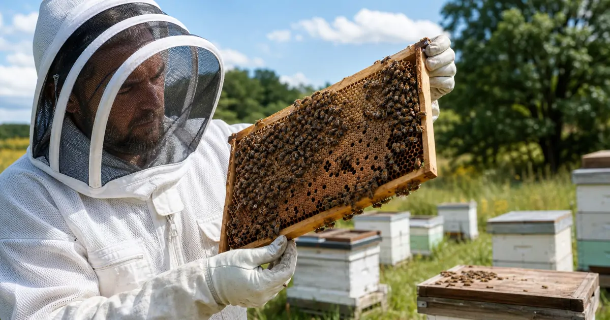 Beekeeper inspecting a brood frame for signs of disease in natural outdoor light