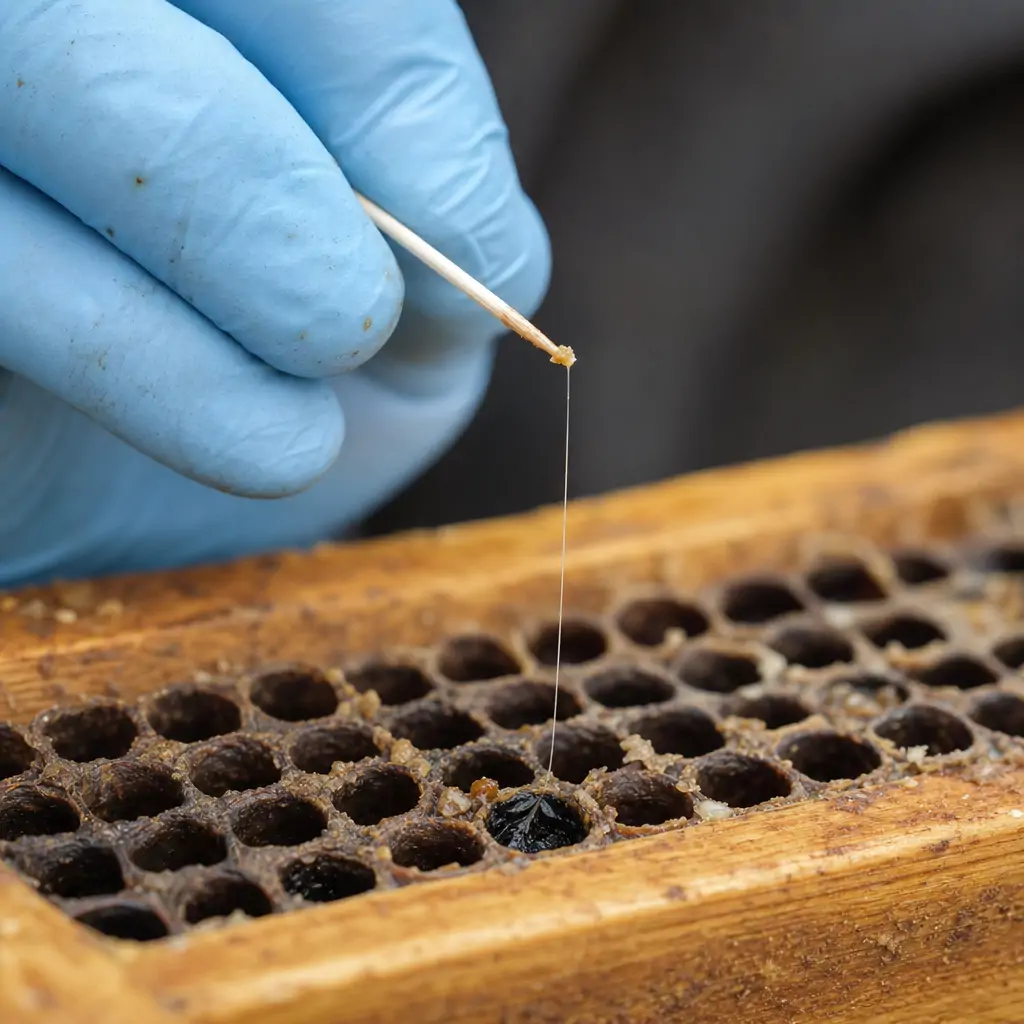 Toothpick pulling a stringy thread from a brood cell during a ropy test for disease