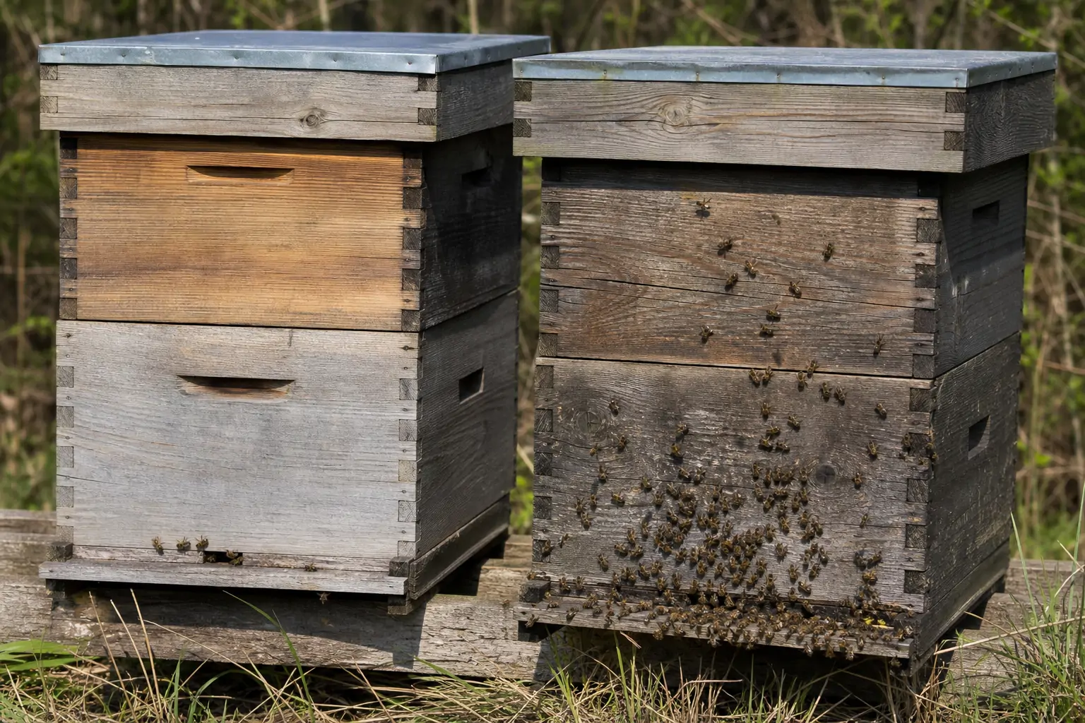 Weak beehive being approached by bees from a neighboring stronger colony during robbing