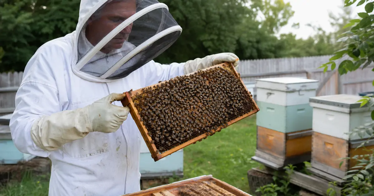 Beekeeper inspecting a frame of honey bees for signs of nosema disease in a backyard hive