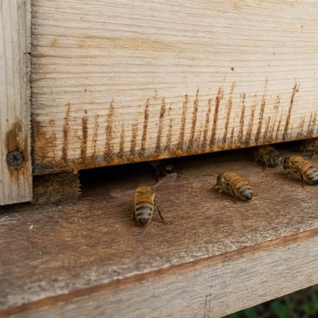 Close-up of hive frame showing brown fecal staining associated with nosema infection in bees