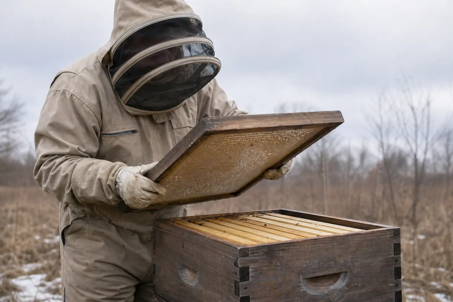 Beekeeper checking damp hive interior for moisture buildup that can encourage nosema spore growth