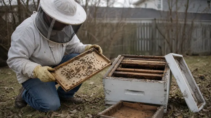 A beekeeper examines an empty hive box with only a few dead bees scattered on the frames