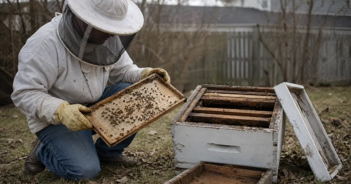 A beekeeper examines an empty hive box with only a few dead bees scattered on the frames