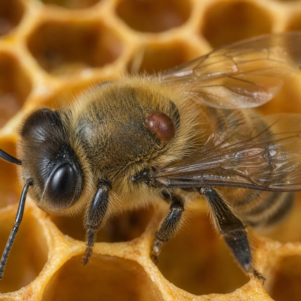 Close-up of a honey bee with a visible varroa mite attached to its thorax on a wax comb