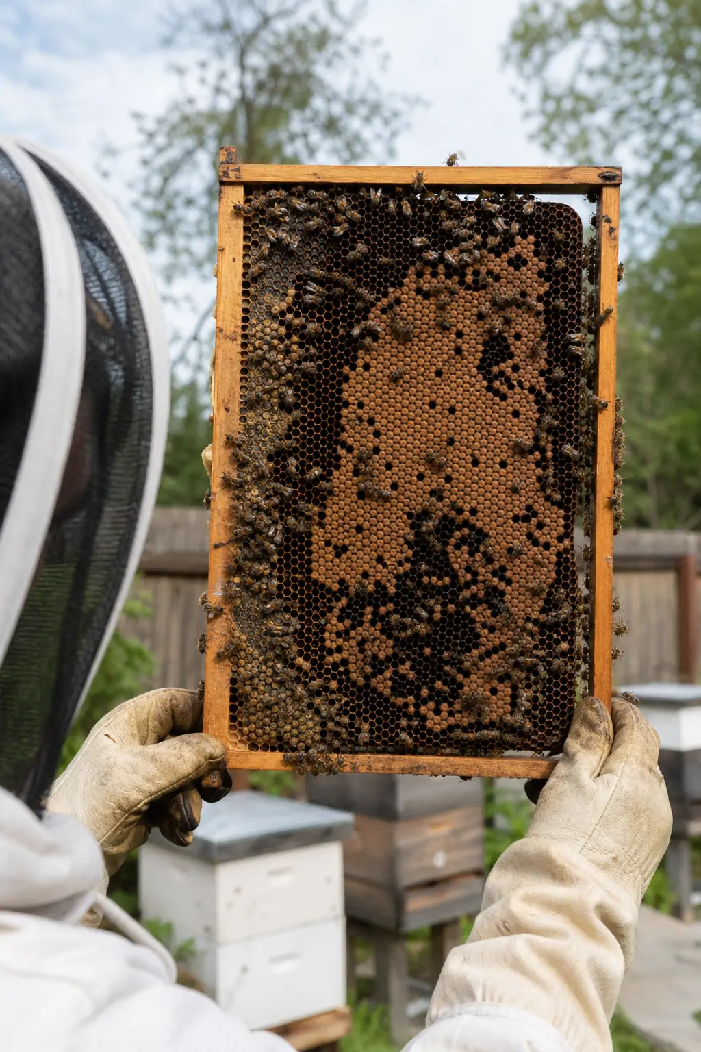 Beekeeper holding a wooden frame inspecting a patchy, uneven brood pattern for signs of trouble