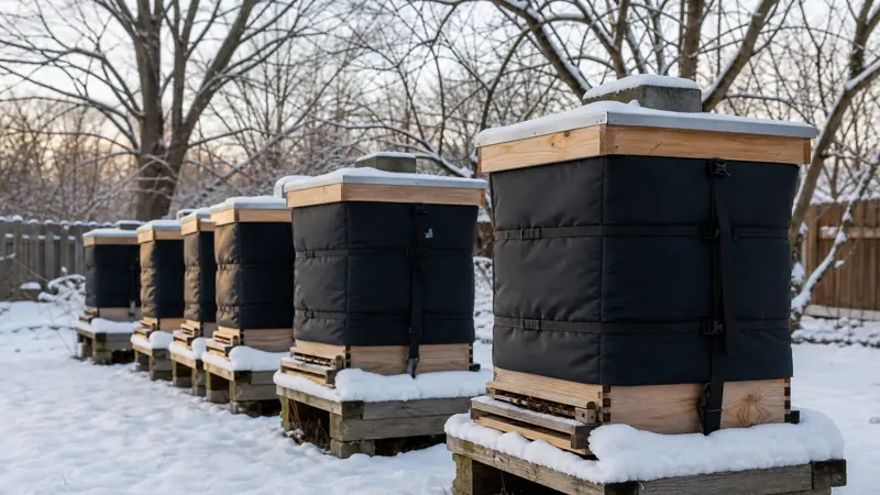 Snow-covered beehives wrapped for winter sitting in a quiet backyard apiary