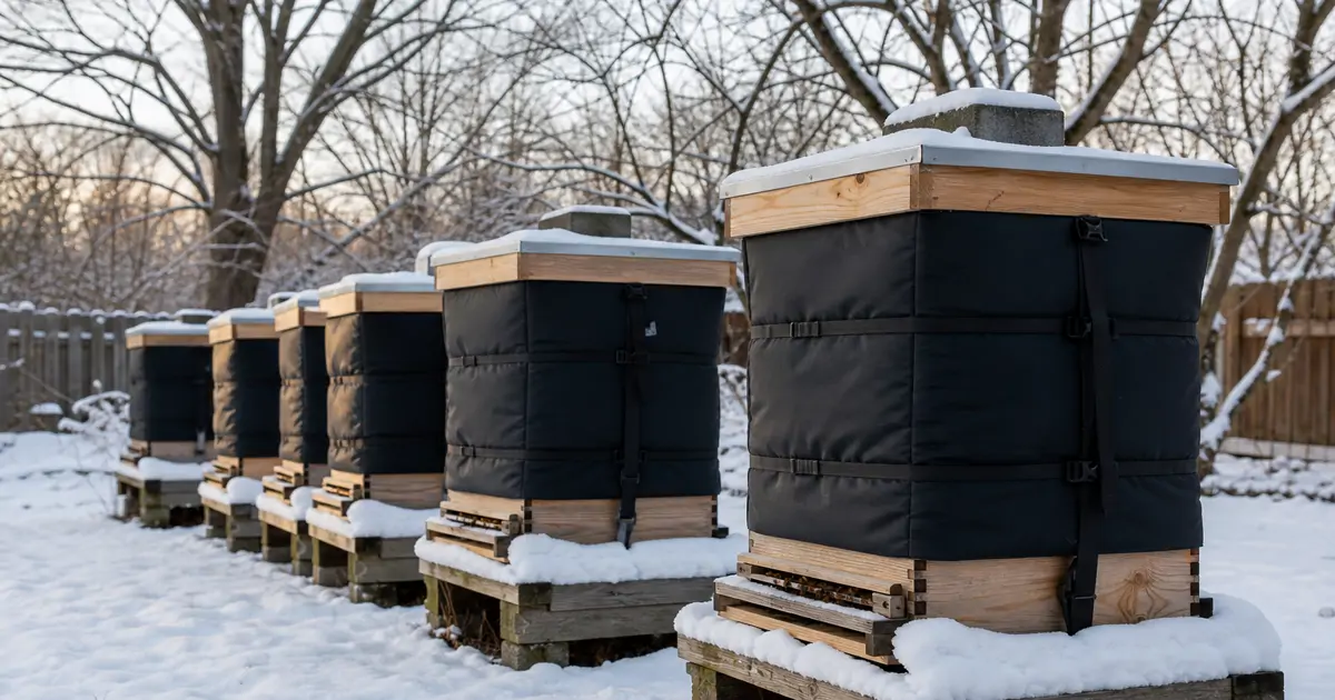 Snow-covered beehives wrapped for winter sitting in a quiet backyard apiary