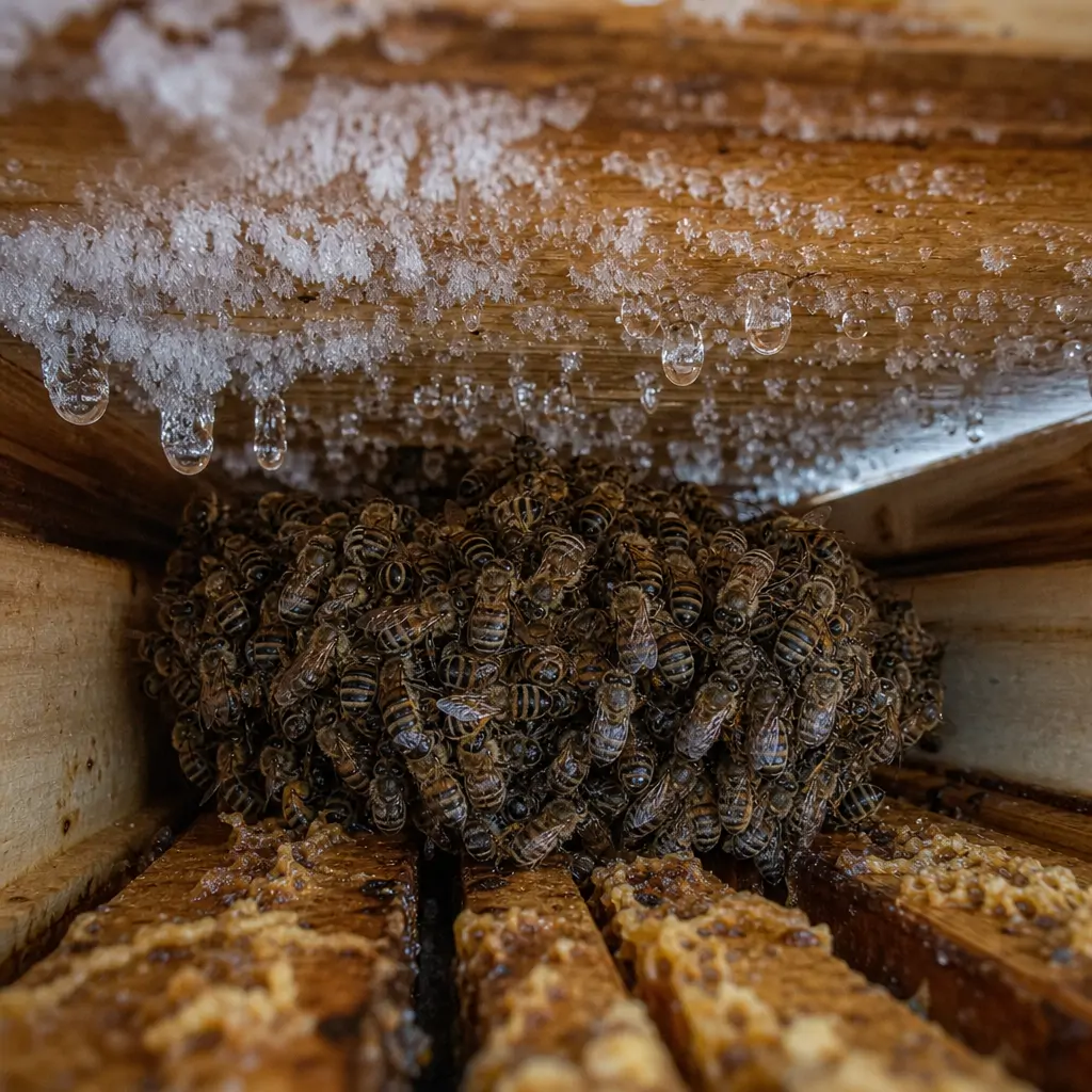 Cutaway diagram-style view of a beehive interior showing condensation forming on the inner cover