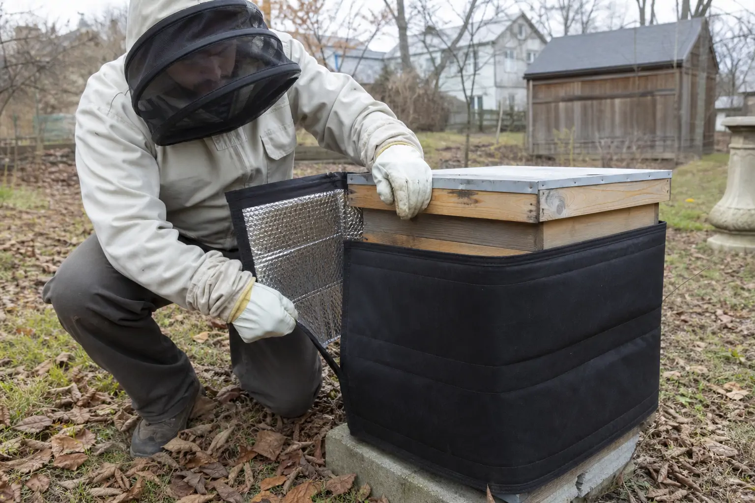 Beekeeper wrapping a wooden hive with an insulating cover during late autumn preparation