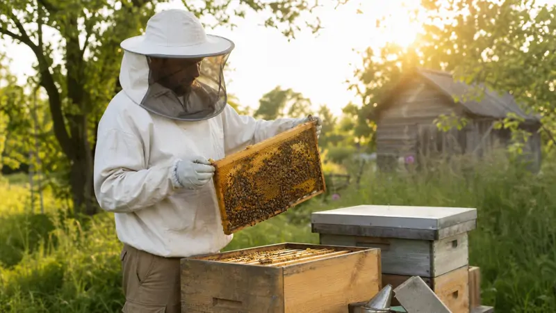 Beekeeper lifting a golden honeycomb frame from a wooden hive on a sunny afternoon