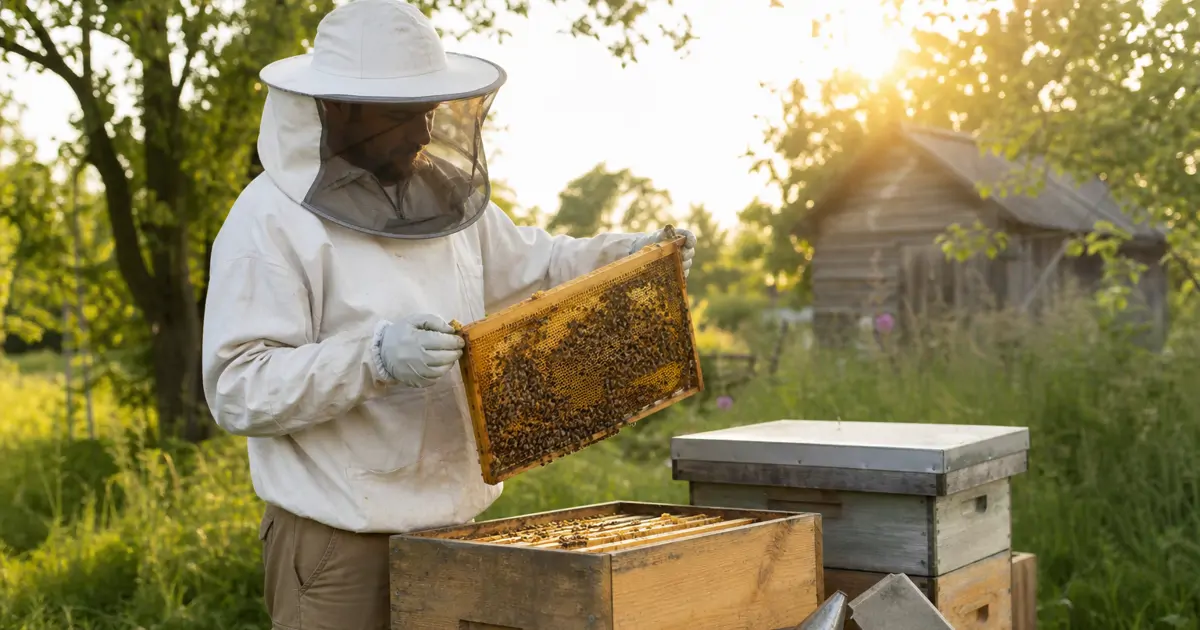 Beekeeper lifting a golden honeycomb frame from a wooden hive on a sunny afternoon