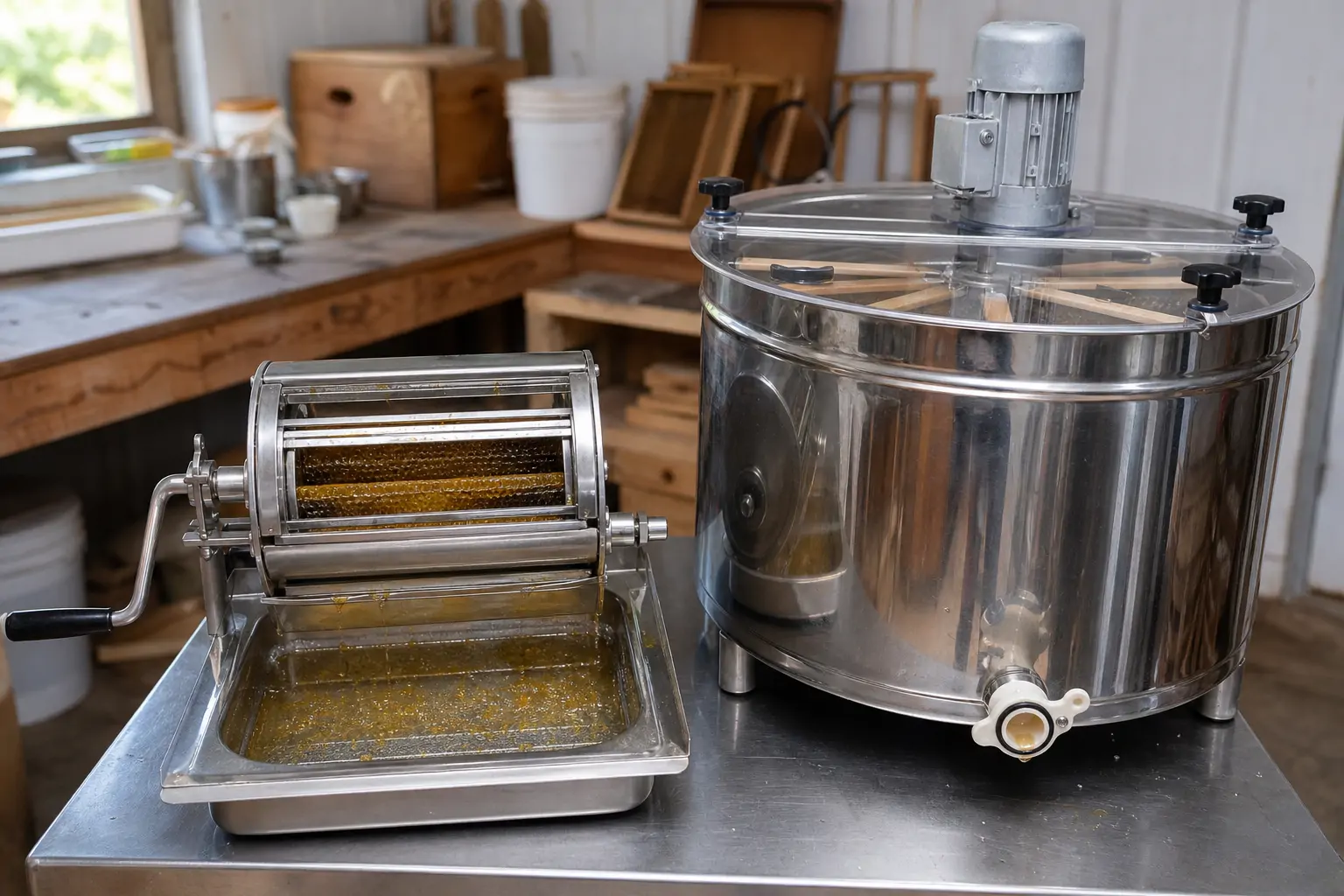 Rows of manual and electric honey extractors displayed side by side in a workshop