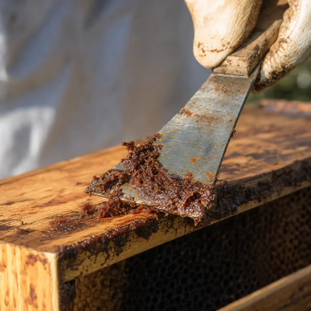 Close-up of dark sticky propolis being scraped from a wooden hive frame