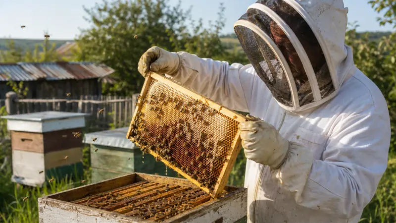 Beekeeper lifting a golden honey-filled frame out of a wooden hive box