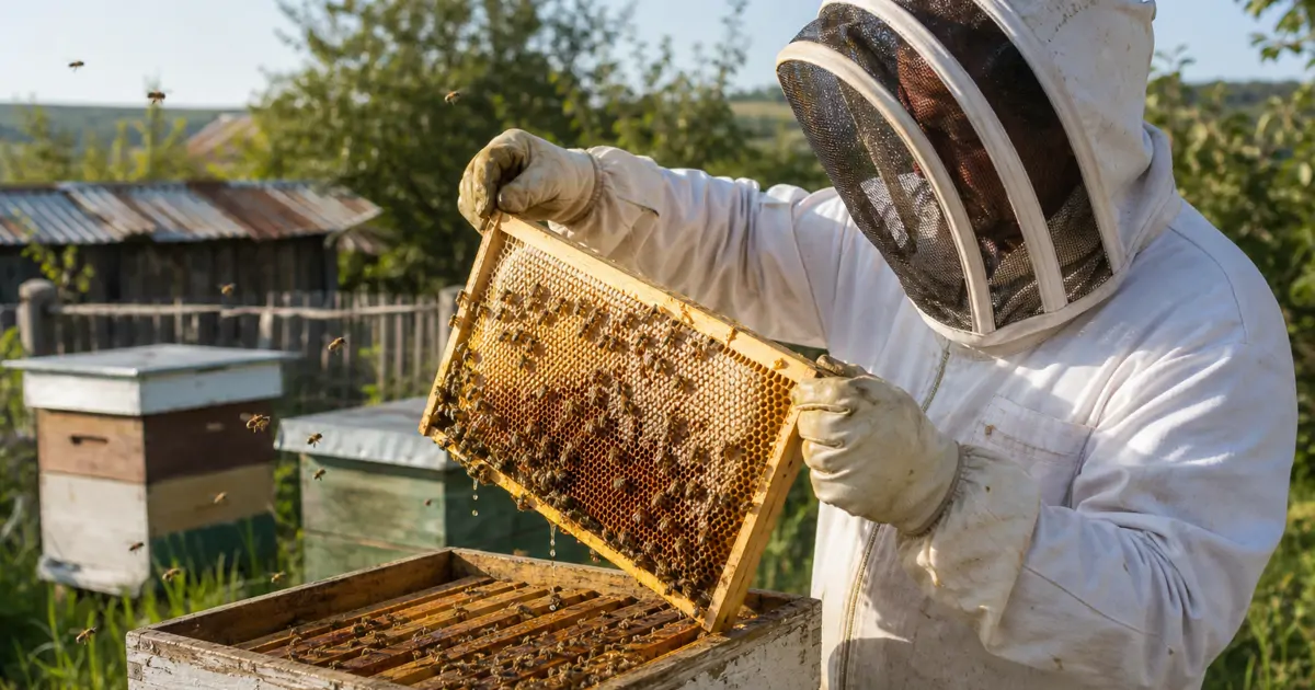 Beekeeper lifting a golden honey-filled frame out of a wooden hive box
