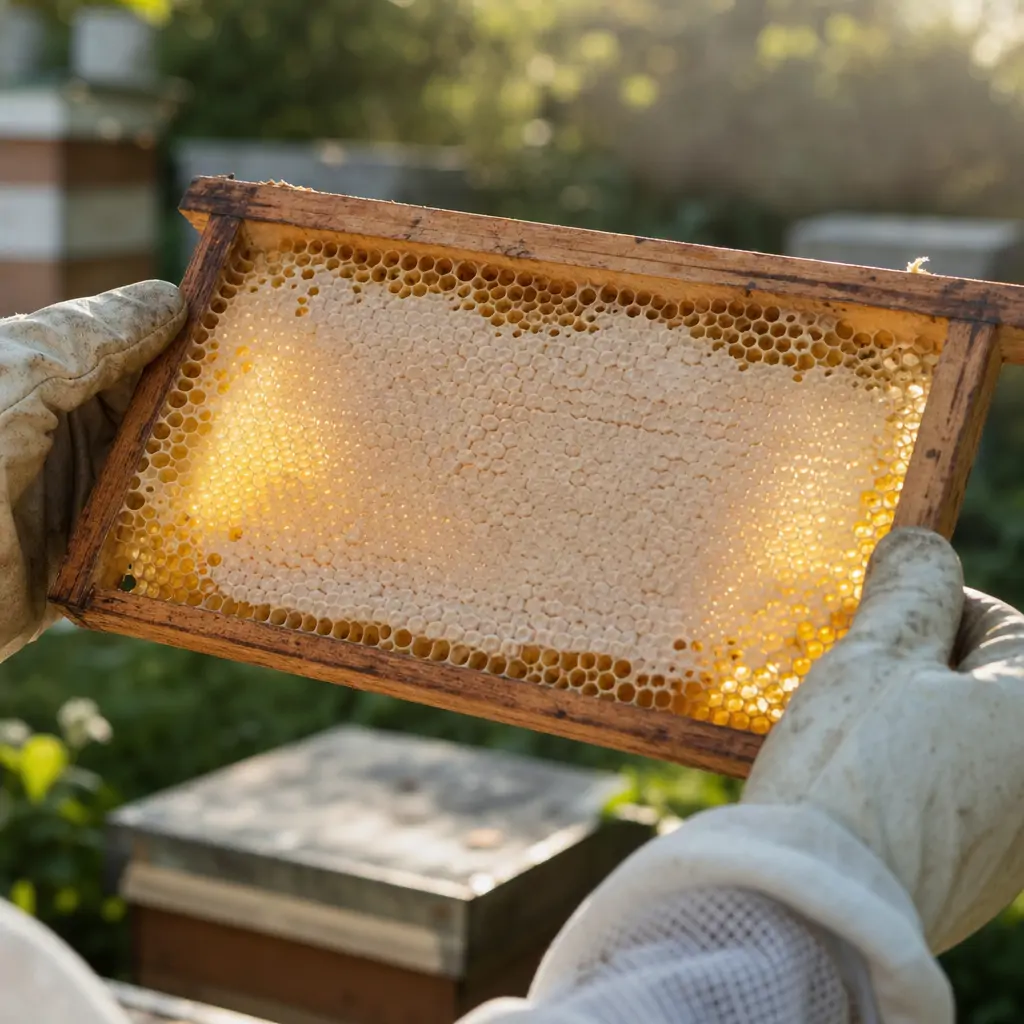 Beekeeper checking a frame in bright daylight to see how much wax capping covers the cells