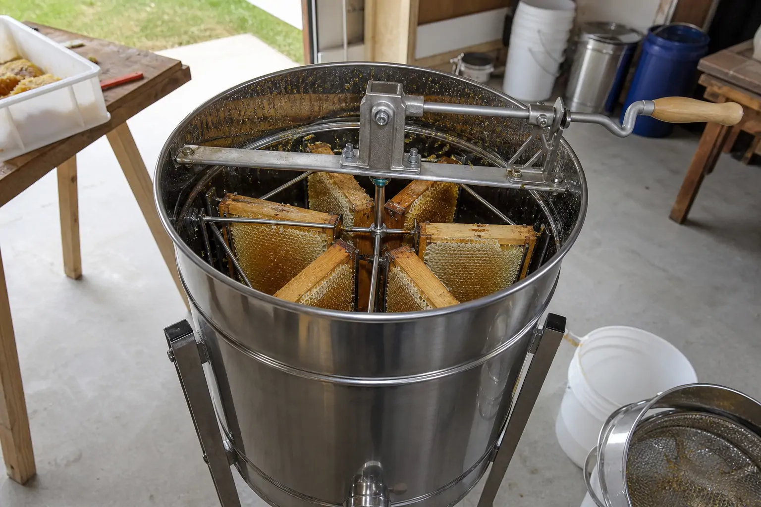 Honey extractor spinning frames inside a stainless steel drum during home extraction