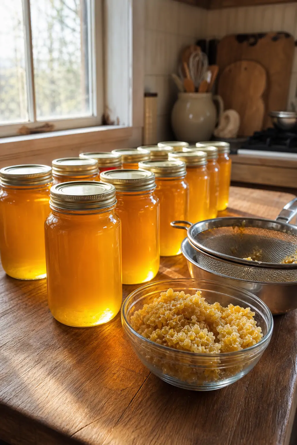 Jars of freshly strained honey lined up next to leftover wax cappings on a kitchen counter