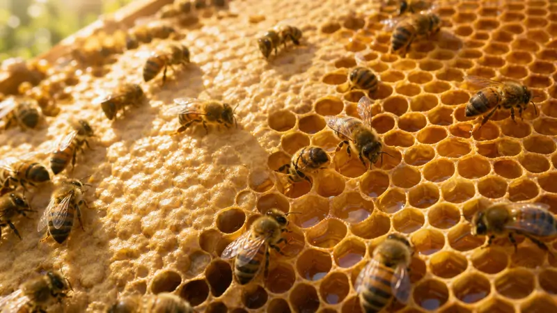 Close-up of honey bees working on a comb filled with fresh nectar and capped honey cells