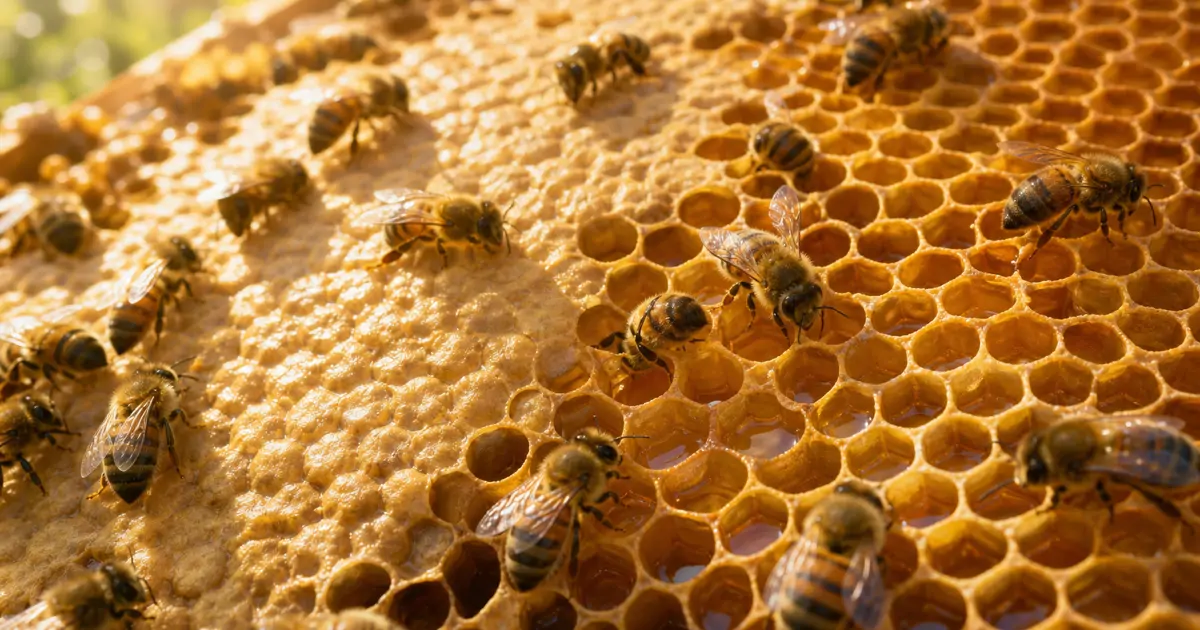Close-up of honey bees working on a comb filled with fresh nectar and capped honey cells