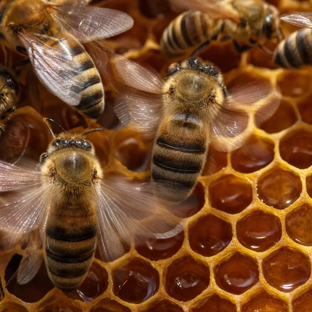 Worker bees fanning their wings over open comb cells to evaporate excess moisture from nectar