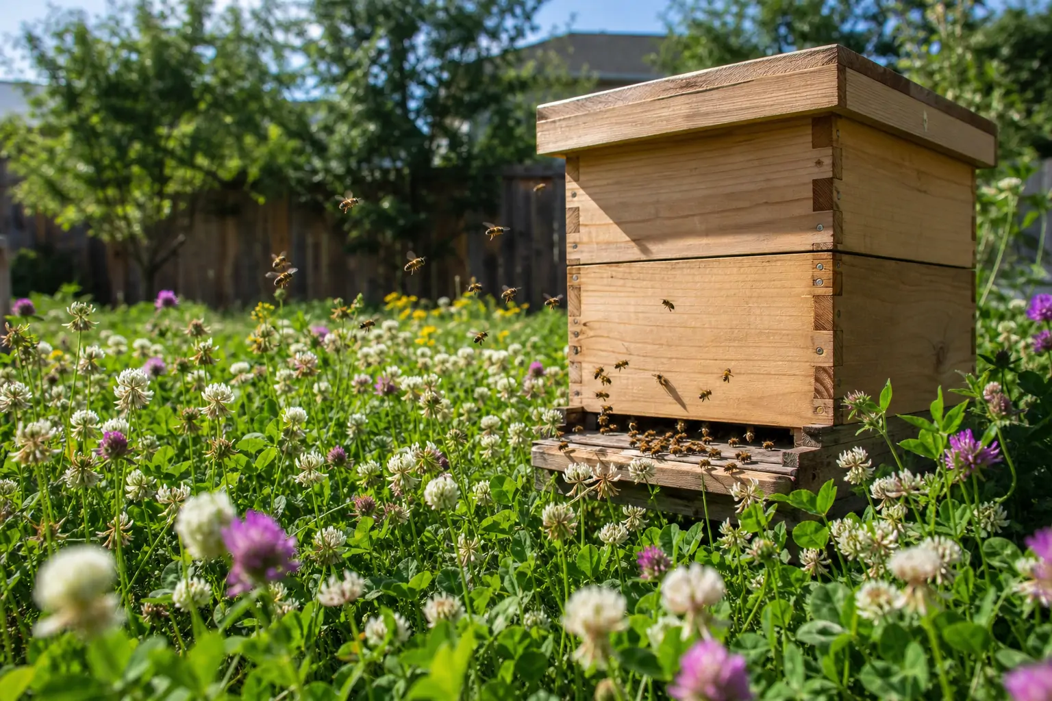 A backyard beehive surrounded by blooming flowers during a strong seasonal nectar flow