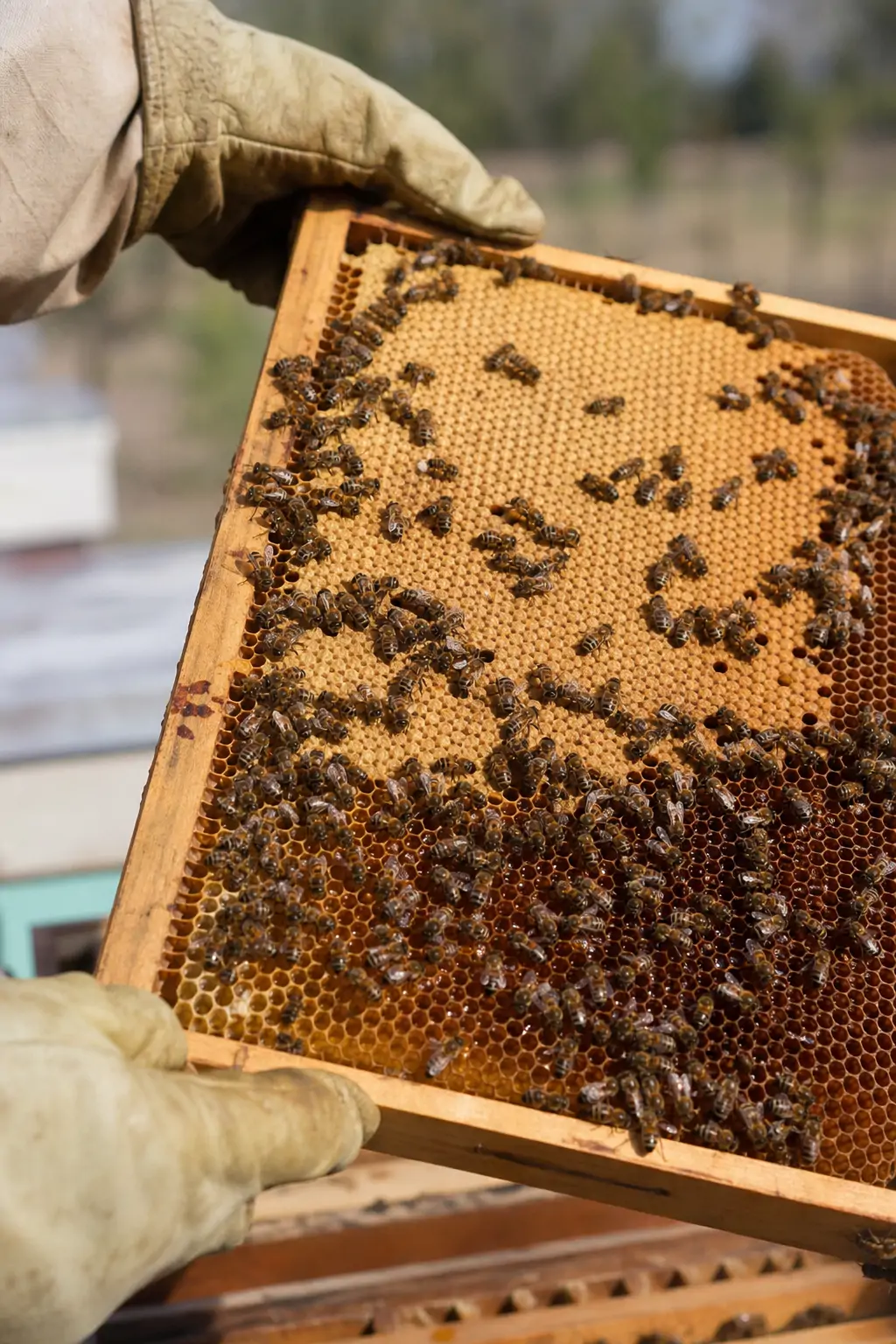 A beekeeper inspecting a wooden frame to check how much of the honeycomb has been capped
